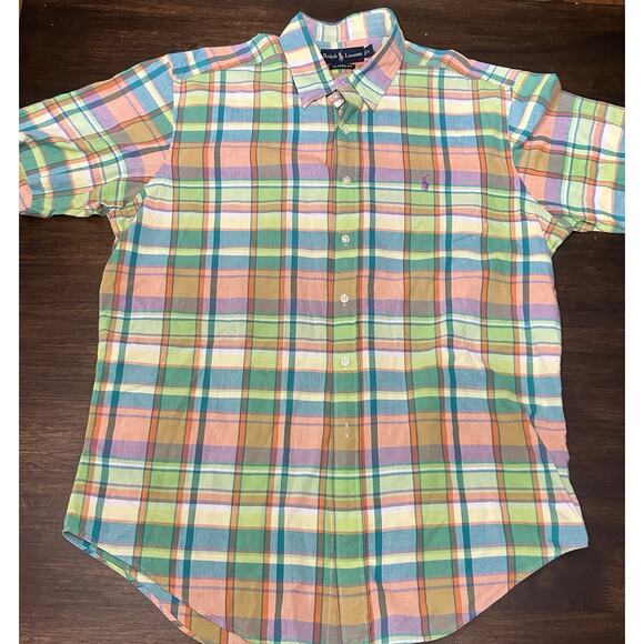 Polo Ralph Lauren Large L Classic Fit Button Front 100% Cotton Plaid Pastels - Picture 1 of 3